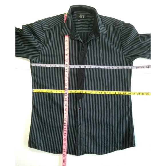 Men vtg New Wave Black & Gray Stripes Shirt Flip Cuffs Epaulettes MEDIUM -fitted - Picture 7 of 7